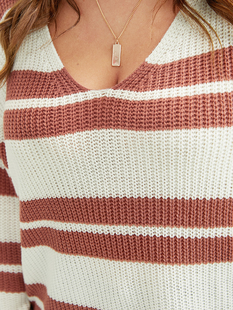 Plus Size Striped Contrast Pointelle Knit Lantern Sleeve Knit Top White Women Casual Loose Long Sleeve V-neck Dailywear Pullovers BloomChic 14-16/1X 