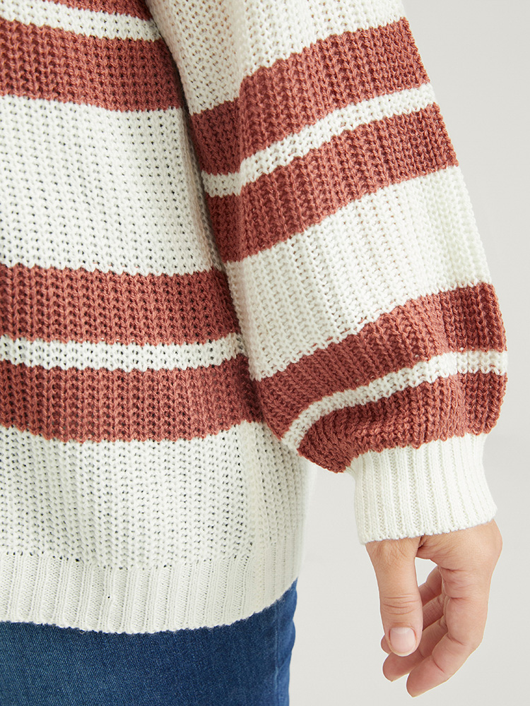 Plus Size Striped Contrast Pointelle Knit Lantern Sleeve Knit Top White Women Casual Loose Long Sleeve V-neck Dailywear Pullovers BloomChic 14-16/1X 