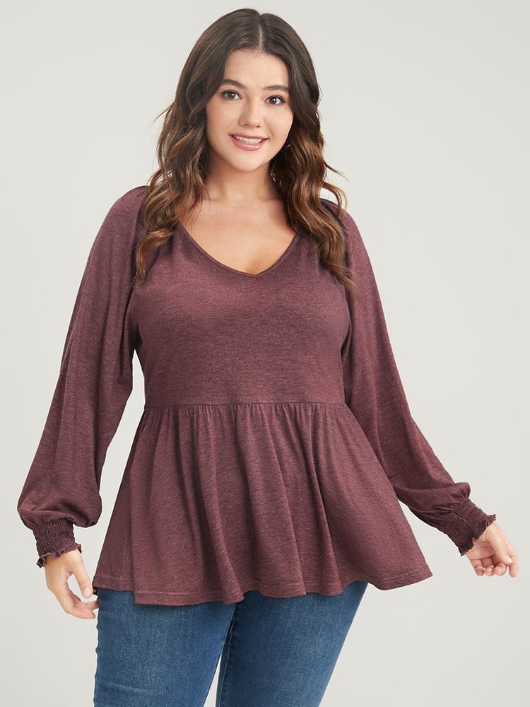 

Plus Size Solid Shirred Lantern Sleeve Ruffle Hem Long Tee DustyPink V-neck Long Sleeve Elegant Jersey Tops