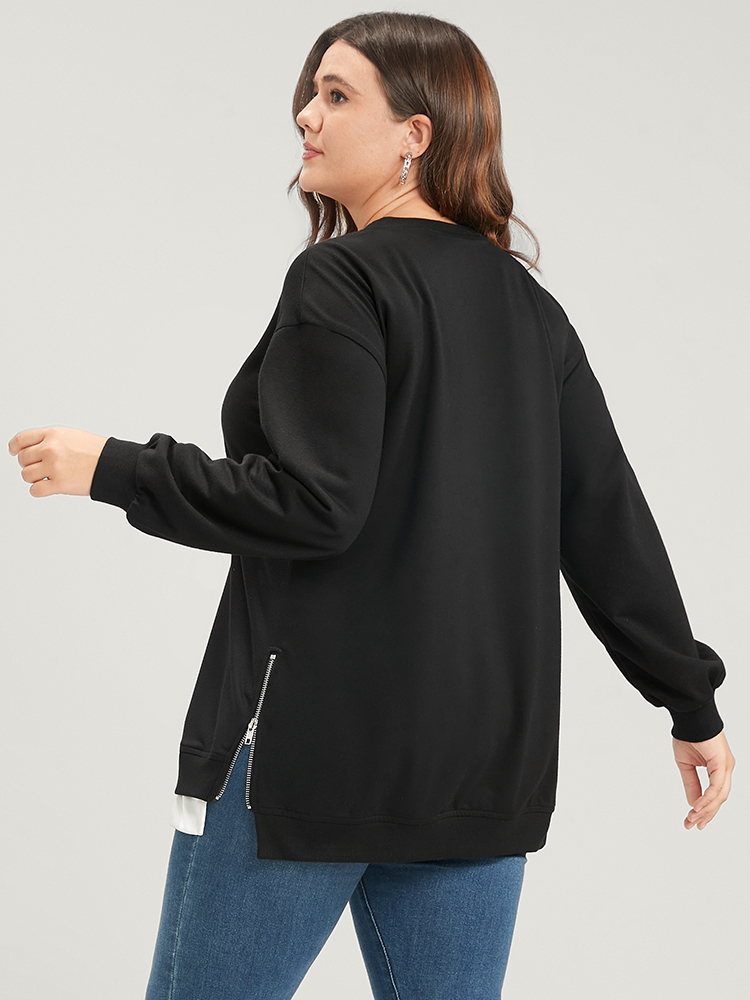 Plus Size Women Dailywear Plain Zipper Regular Lantern Sleeve Long Sleeve Round Neck Casual Sweatshirts BloomChic 