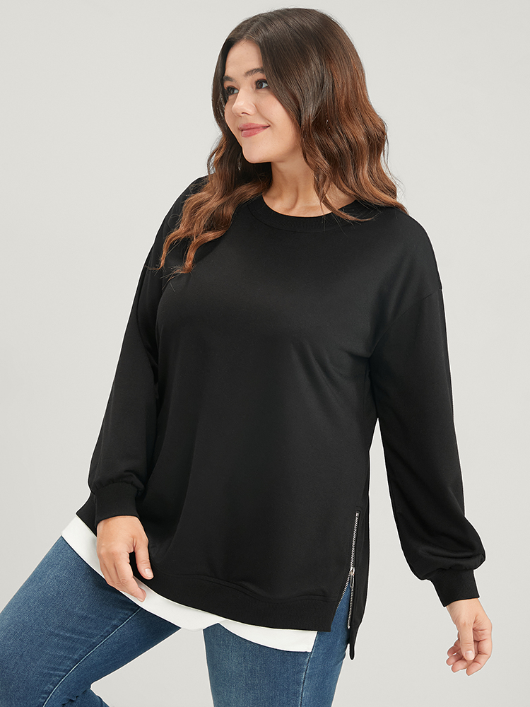 Plus Size Women Dailywear Plain Zipper Regular Lantern Sleeve Long Sleeve Round Neck Casual Sweatshirts BloomChic 