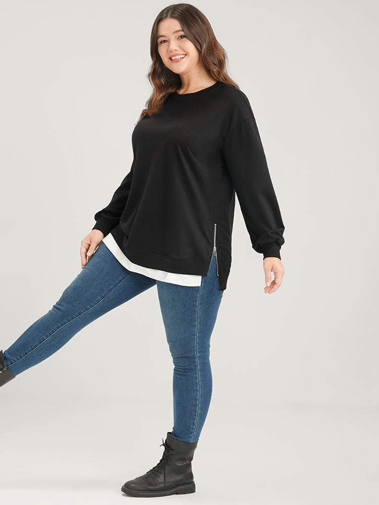 Plus Size Women Dailywear Plain Zipper Regular Lantern Sleeve Long Sleeve Round Neck Casual Sweatshirts BloomChic 