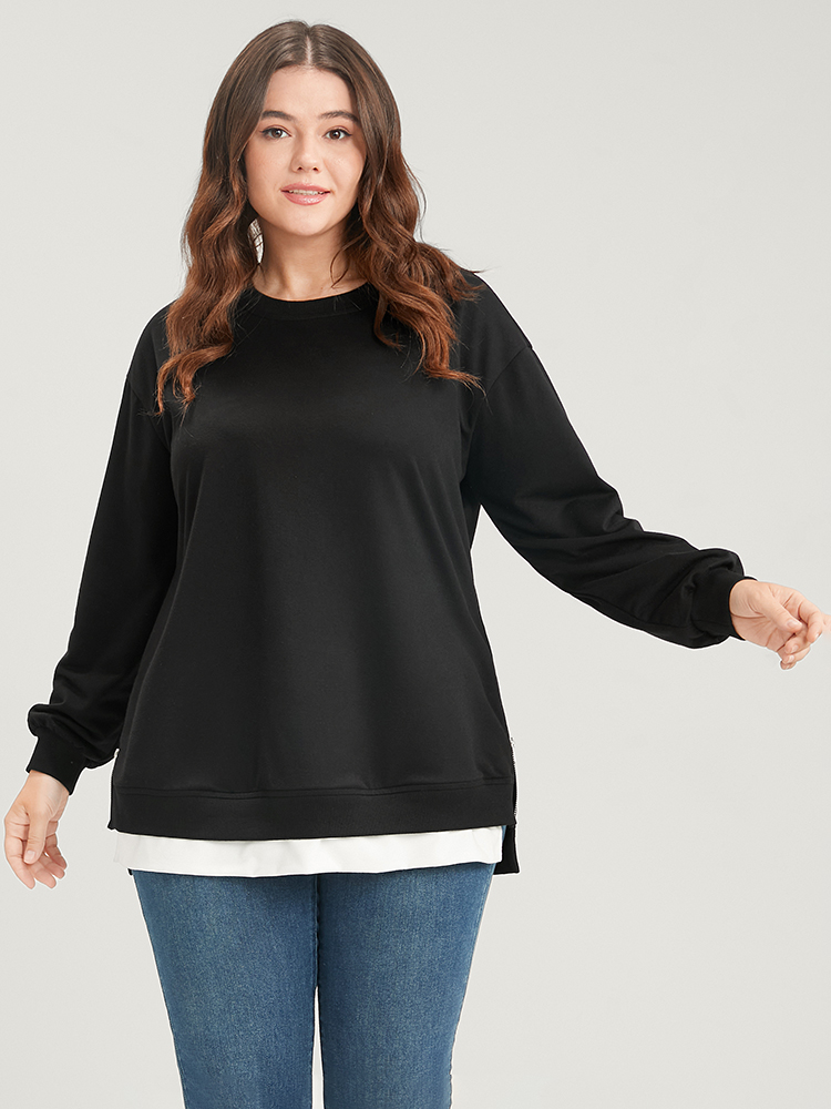 Plus Size Women Dailywear Plain Zipper Regular Lantern Sleeve Long Sleeve Round Neck Casual Sweatshirts BloomChic 
