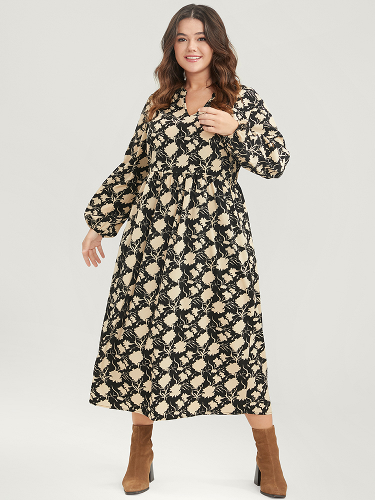 

Plus Size Floral Lantern Sleeve Pocket V Neck Midi Dress Black Women Elegant Elastic Waist V-neck Long Sleeve Curvy Midi Dress BloomChic