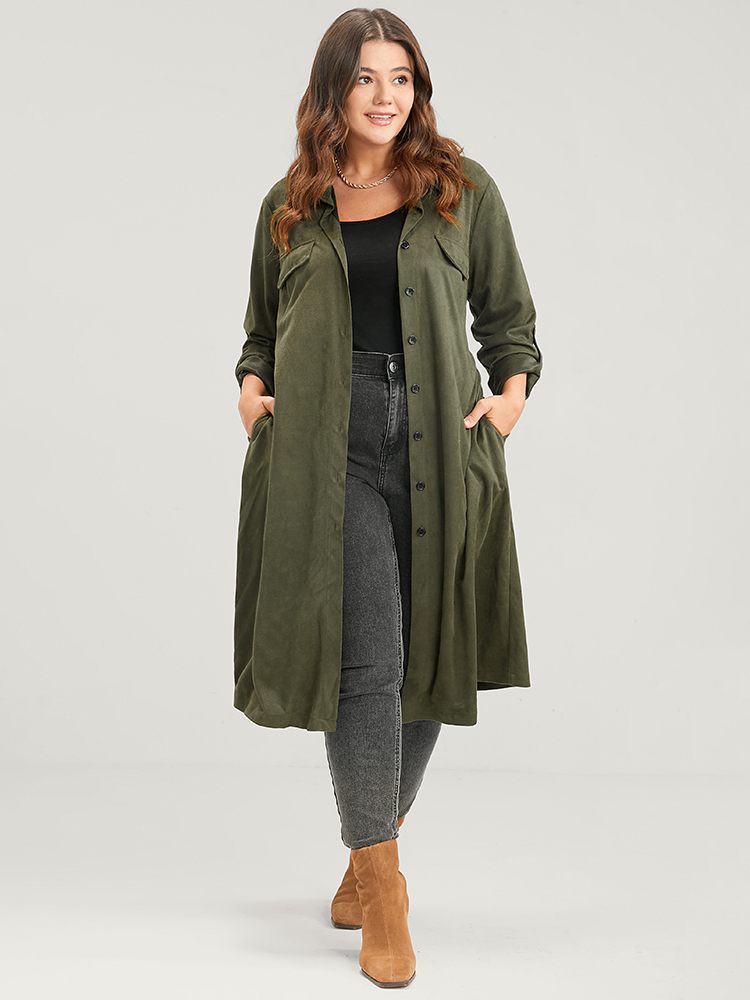 

Plus Size Solid Cuffed Sleeve Pocket Button Down Belted Coat Women ArmyGreen Casual Belted Ladies Dailywear Winter Coats BloomChic