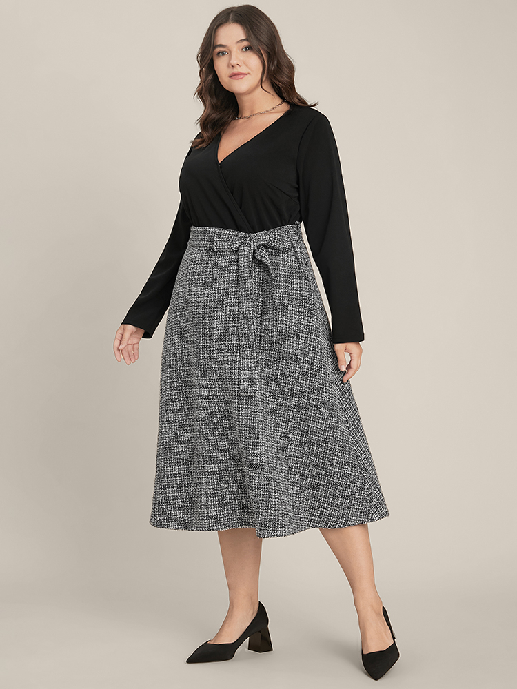 Plus Size Women Workwear Flared Plain Patchwork Skirt Slightly Stretchy Long Sleeve V Neck Belt Workleisure Dresses BloomChic 