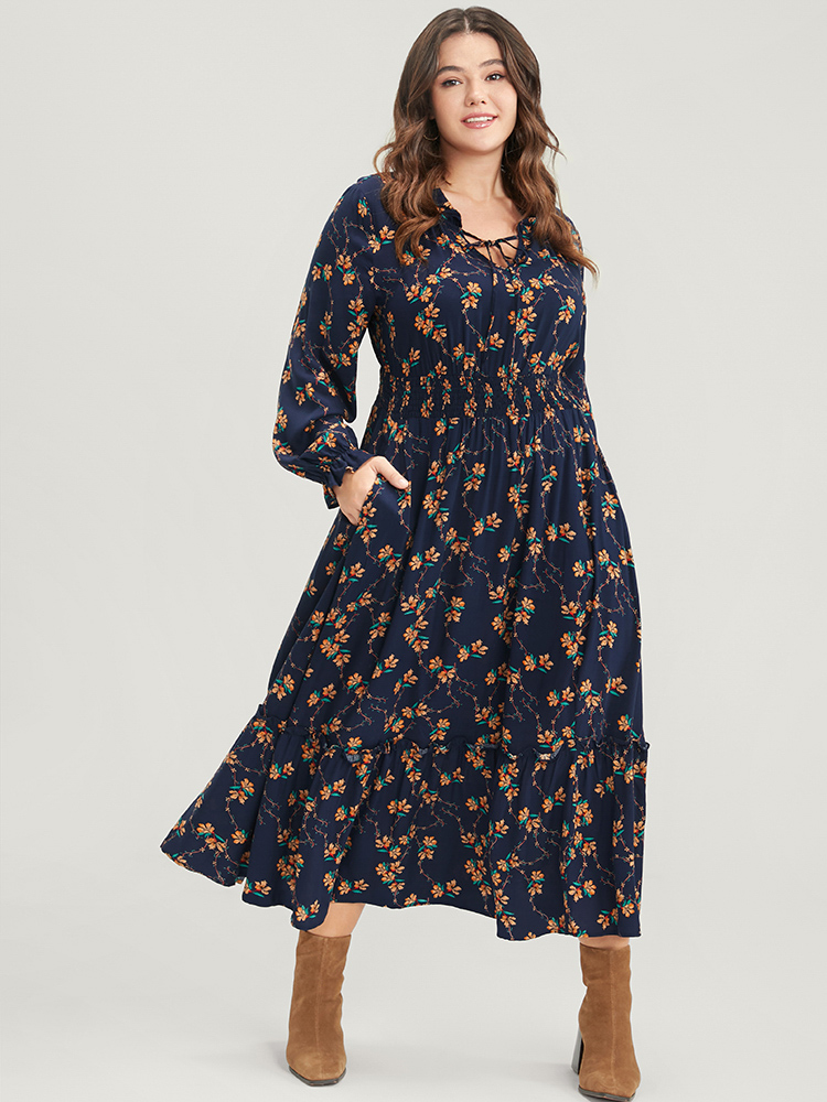 

Plus Size Floral Lantern Sleeve Pocket Tie Neck Shirred Midi Dress Navy Women Elegant Pocket V-neck Long Sleeve Curvy Midi Dress BloomChic