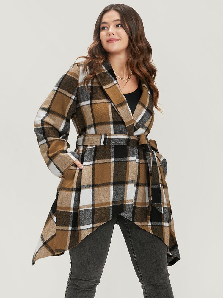 

Plus Size Plaid Pocket Lapel Collar Asymmetrical Hem Belted Coat Women Bronze Elegant Button Ladies Dailywear Winter Coats BloomChic