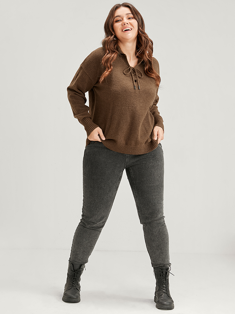 Plus Size Solid Super Soft Plush Knit Lace Up Knit Top Bronze Women Casual Loose Long Sleeve Lapel Collar Dailywear Pullovers BloomChic 18-20/2X 