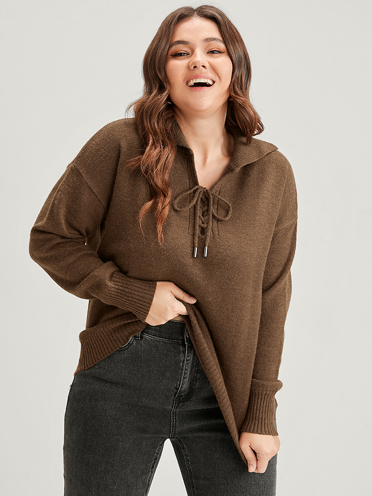 

Plus Size Solid Super Soft Plush Knit Lace Up Knit Top Bronze Women Casual Loose Long Sleeve Lapel Collar Dailywear Pullovers BloomChic