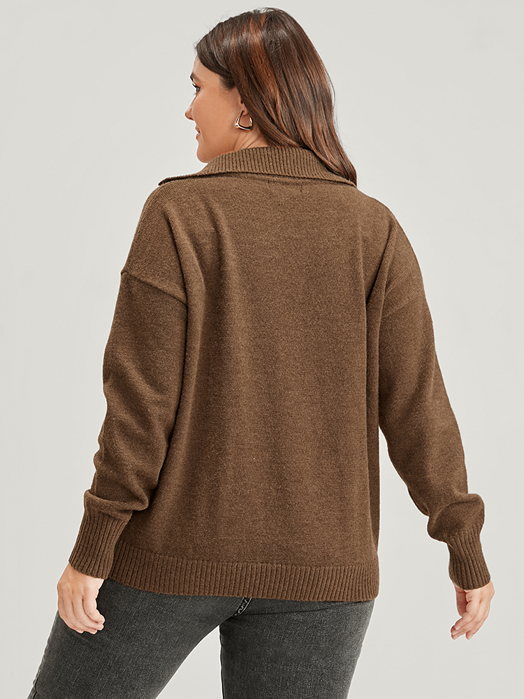Plus Size Solid Super Soft Plush Knit Lace Up Knit Top Bronze Women Casual Loose Long Sleeve Lapel Collar Dailywear Pullovers BloomChic 18-20/2X 