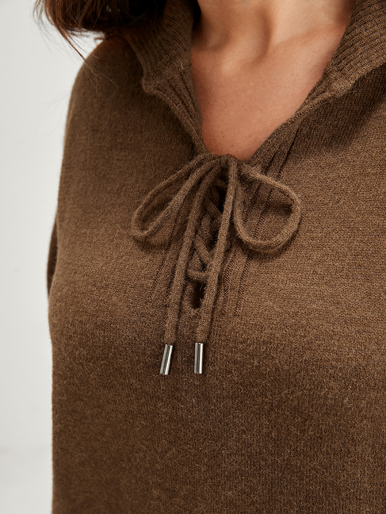 Plus Size Solid Super Soft Plush Knit Lace Up Knit Top Bronze Women Casual Loose Long Sleeve Lapel Collar Dailywear Pullovers BloomChic 18-20/2X 