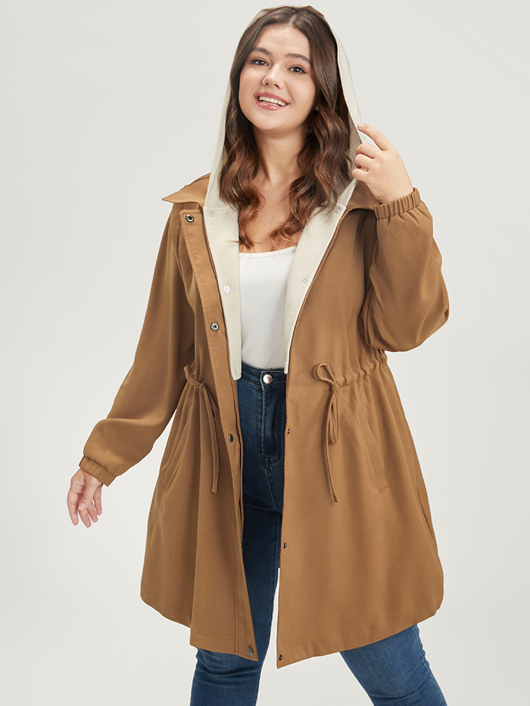 

Plus Size Solid Button Up Pocket Drawstring Detachable Hooded Coat Women Tan Casual Patchwork Ladies Dailywear Winter Coats BloomChic