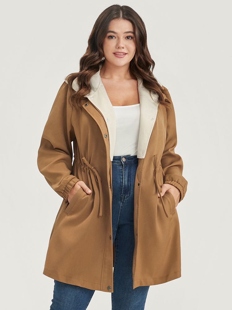 

Plus Size Solid Button Up Pocket Drawstring Detachable Hooded Coat Women Tan Casual Patchwork Ladies Dailywear Winter Coats BloomChic