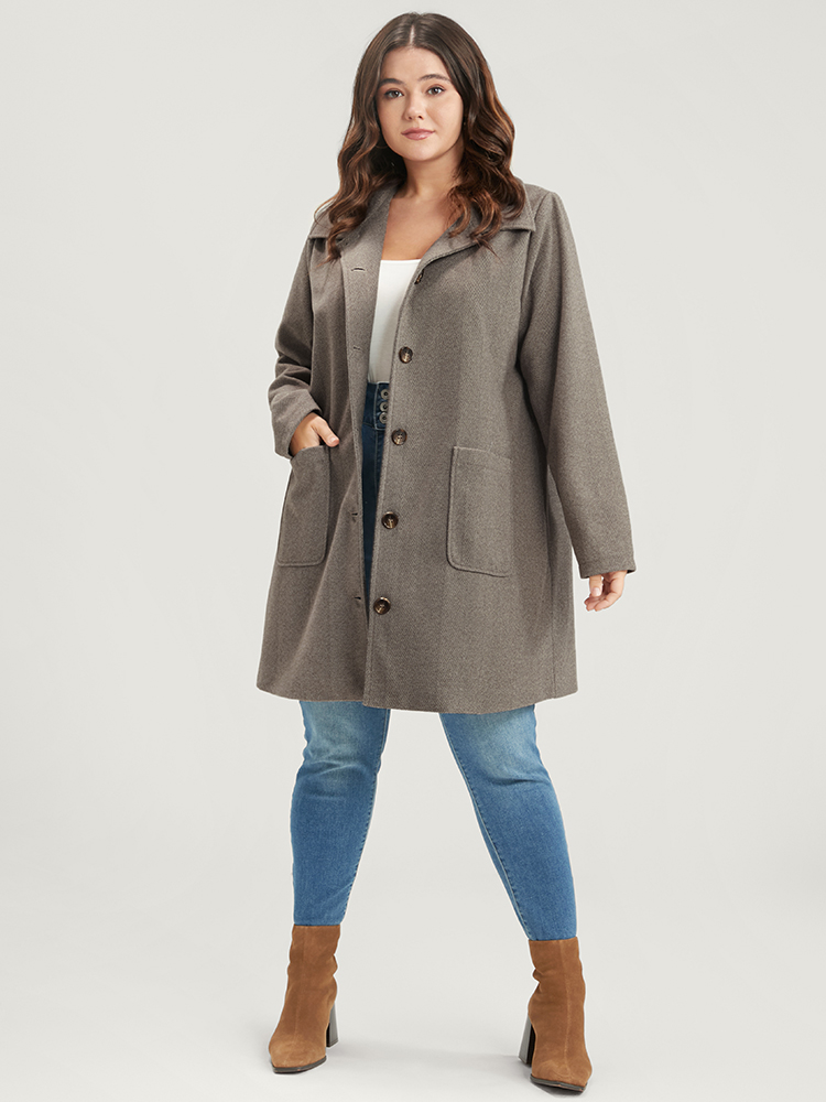 Image of Plus Size Solid Pocket Detail Button Up Coat Women LightBrown Casual Button Ladies Dailywear Winter Coats BloomChic 14-16/1X
