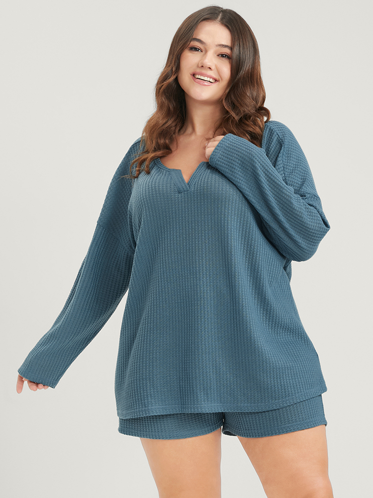 

Plus Size Solid Notched Waffle Knit Pajama Set Women Cerulean Plain Plain Long Sleeve Notched collar Casual Loungewear Sets BloomChic