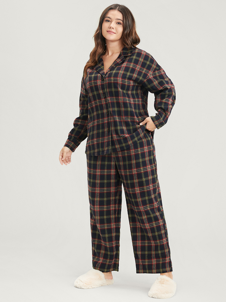 Plus Size Plaid Pocket Button Through Pajama Set Women DarkBlue Plaid Button Long Sleeve Shirt collar Casual Loungewear Sets BloomChic 18-20/2X 