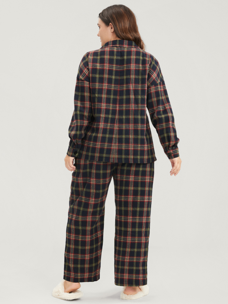 Plus Size Plaid Pocket Button Through Pajama Set Women DarkBlue Plaid Button Long Sleeve Shirt collar Casual Loungewear Sets BloomChic 18-20/2X 