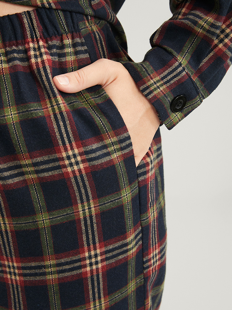 Plus Size Plaid Pocket Button Through Pajama Set Women DarkBlue Plaid Button Long Sleeve Shirt collar Casual Loungewear Sets BloomChic 18-20/2X 