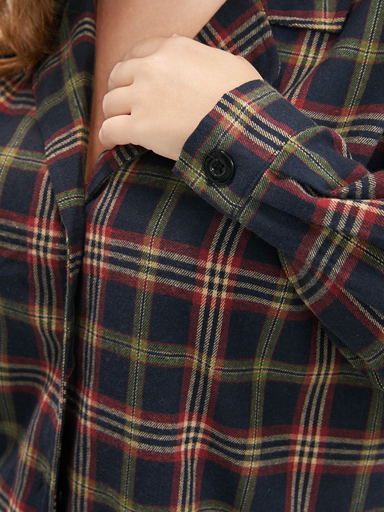 Plus Size Plaid Pocket Button Through Pajama Set Women DarkBlue Plaid Button Long Sleeve Shirt collar Casual Loungewear Sets BloomChic 18-20/2X 