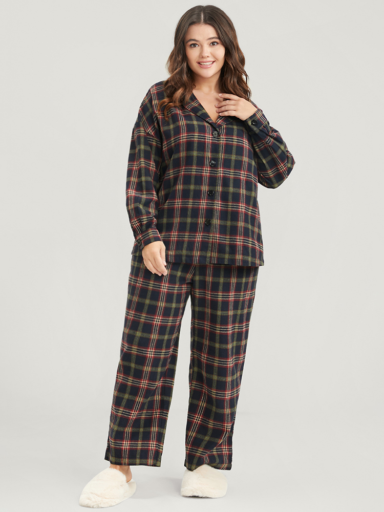 Plus Size Plaid Pocket Button Through Pajama Set Women DarkBlue Plaid Button Long Sleeve Shirt collar Casual Loungewear Sets BloomChic 18-20/2X 