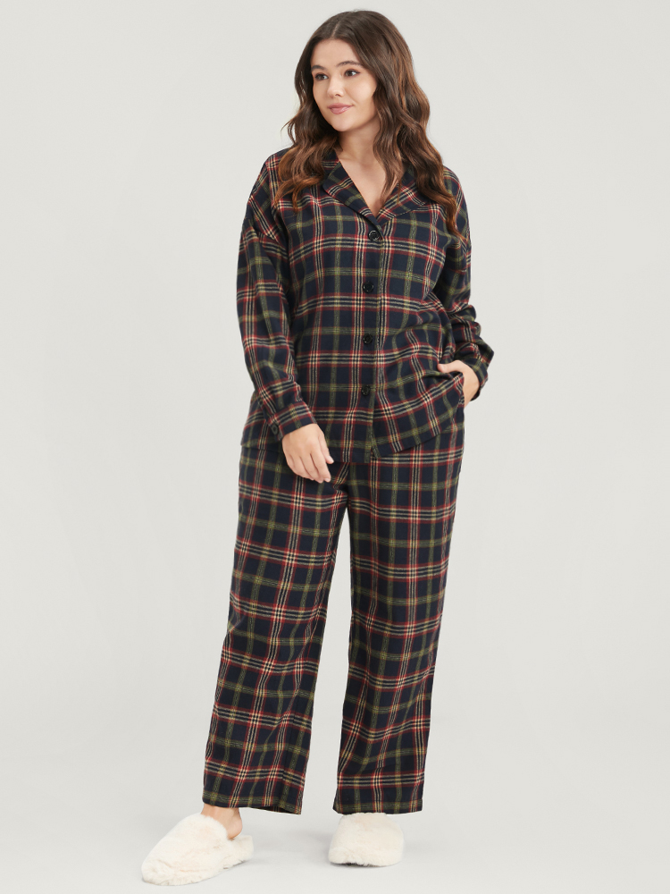 

Plus Size Plaid Pocket Button Through Pajama Set Women DarkBlue Plaid Button Long Sleeve Shirt collar Casual Loungewear Sets BloomChic