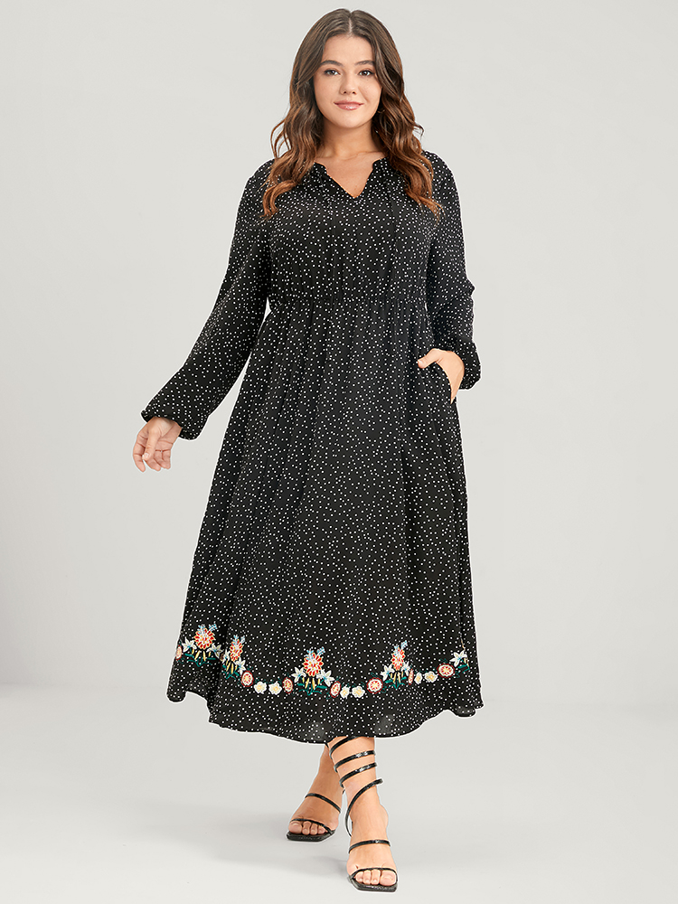 

Plus Size Polka Dot Lantern Sleeve Pocket Embroidered Detail Dress Black Women Vacation Embroidered V-neck Long Sleeve Curvy Midi Dress BloomChic