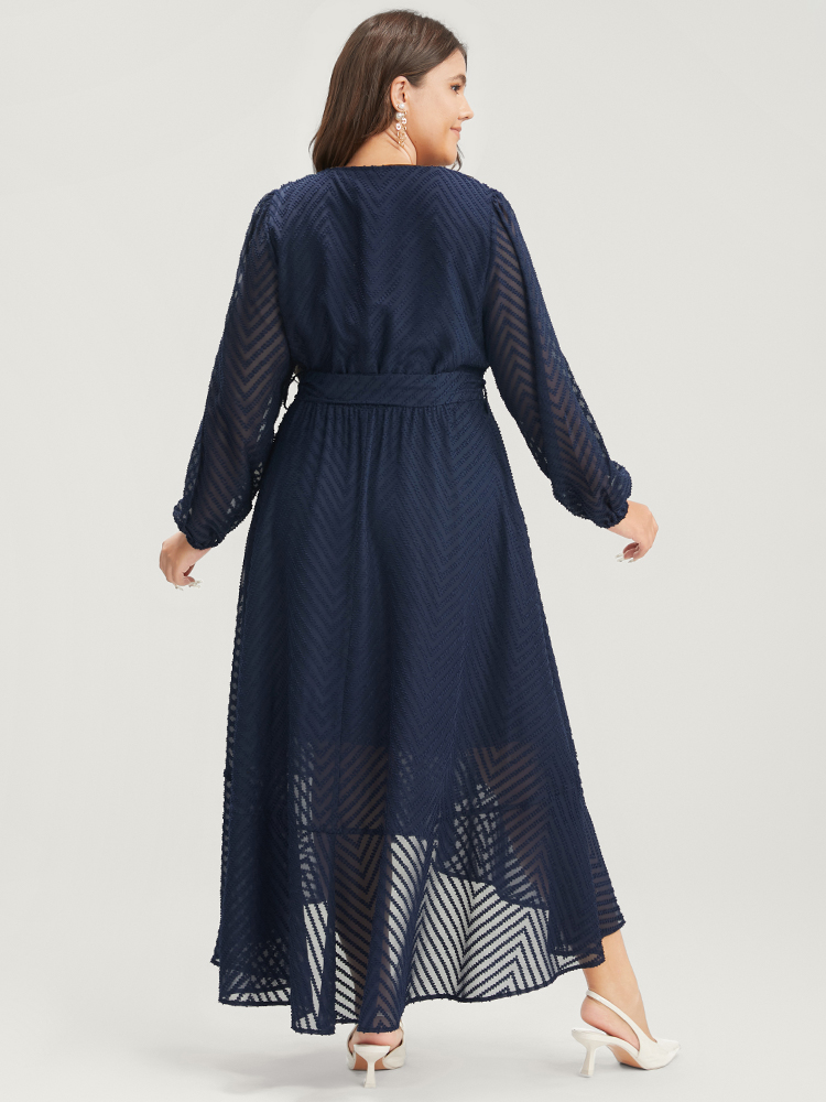 

Plus Size Solid Geometric Wrap Pocket Belted Asymmetrical Hem Dress DarkBlue Women Glamour Plain V-neck Long Sleeve Curvy Long Dress BloomChic