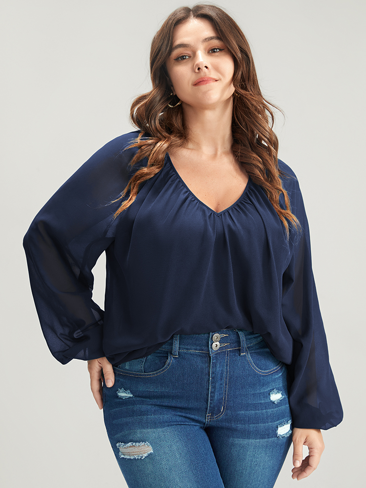 

Chiffon Elegant Plus Size Casual Women Plain Patchwork Blouses Lantern Long Sleeve V Neck Blouses BloomChic, Navy