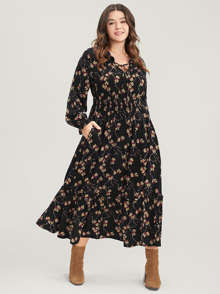 

Plus Size Floral Lantern Sleeve Pocket Tie Neck Shirred Midi Dress Black Women Elegant Pocket V-neck Long Sleeve Curvy Midi Dress BloomChic