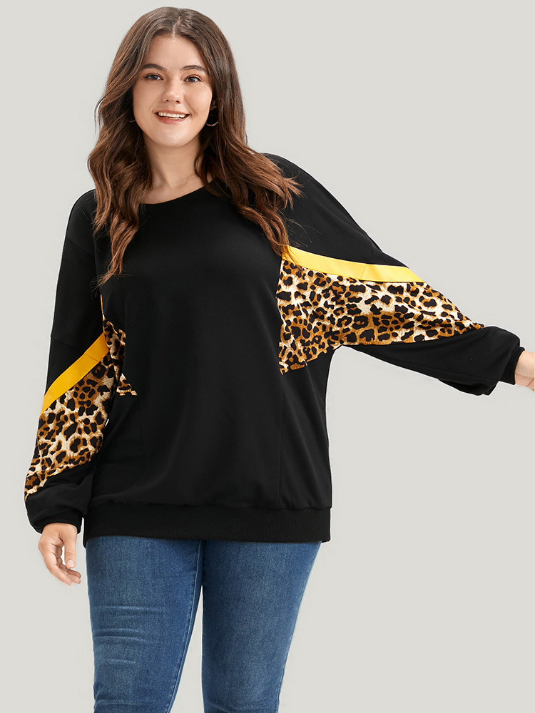 Plus Size Women Dailywear Leopard Contrast Regular Lantern Sleeve Long Sleeve Round Neck Casual Sweatshirts BloomChic 