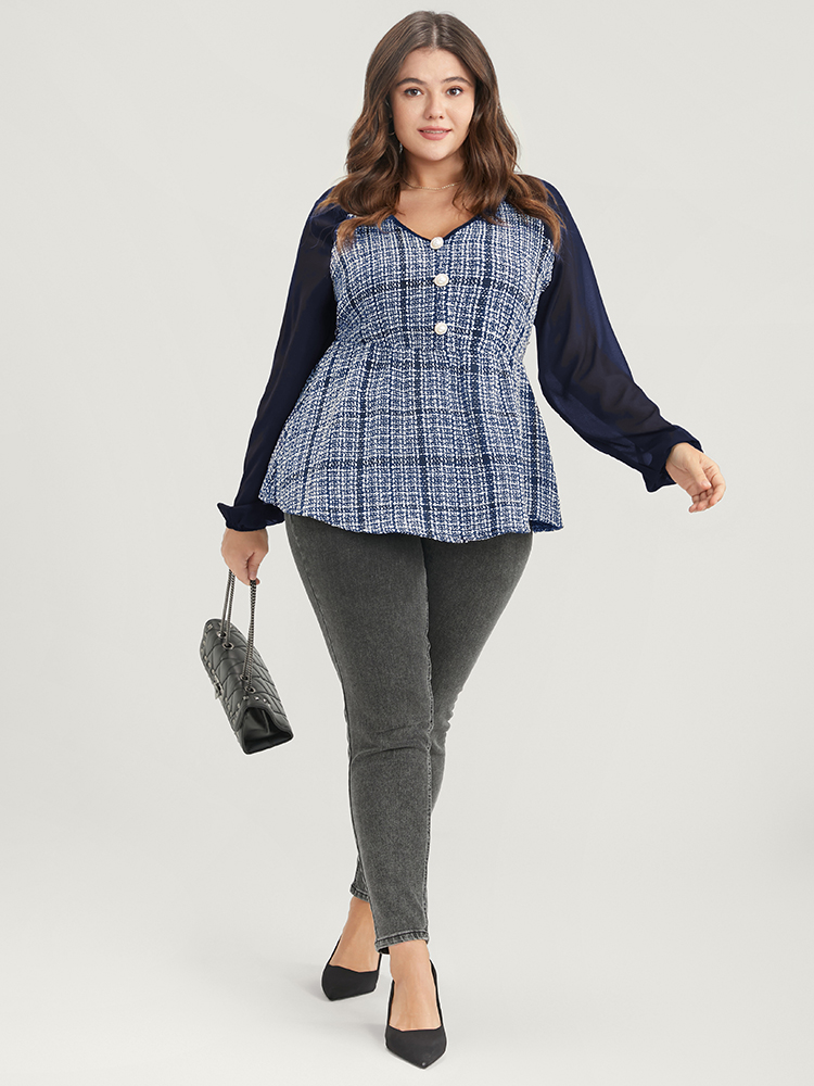 

Plus Size Navy Plaid Patchwork Fake Button Lantern Sleeve Tweed Blouse Women Office Long Sleeve V Neck Work Blouses BloomChic