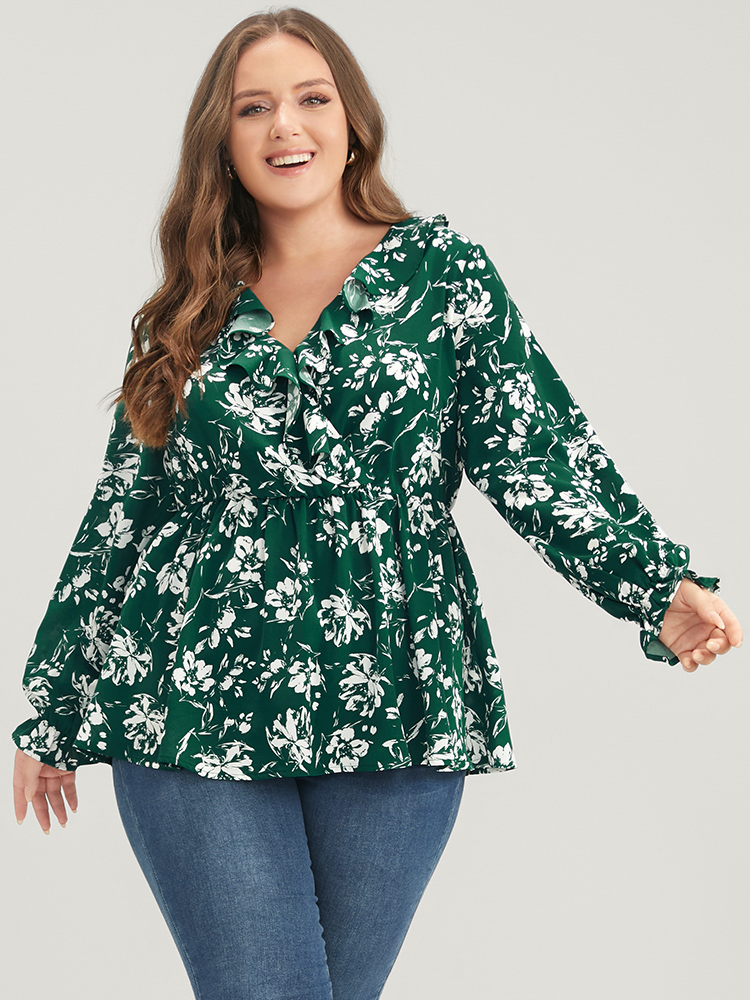 Plus Size Women Dailywear Floral Ruffles Lantern Sleeve Long Sleeve V-neck Casual Blouses BloomChic 