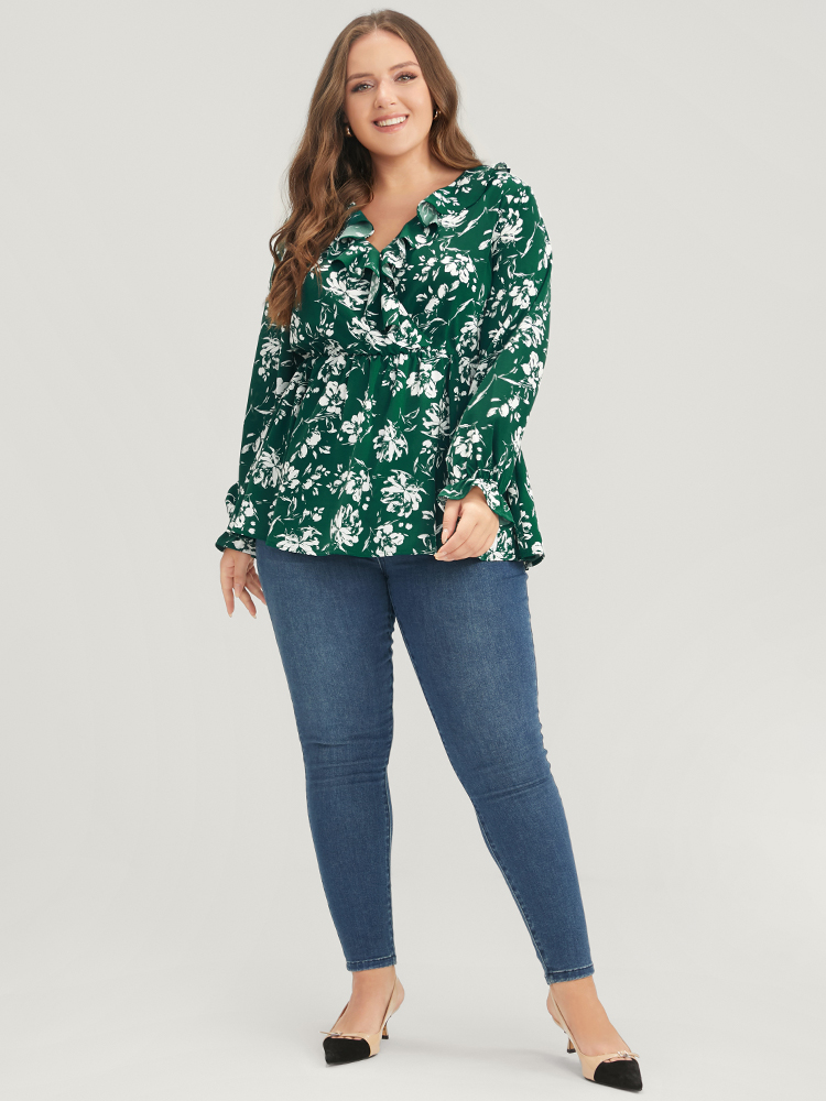 Plus Size Women Dailywear Floral Ruffles Lantern Sleeve Long Sleeve V-neck Casual Blouses BloomChic 