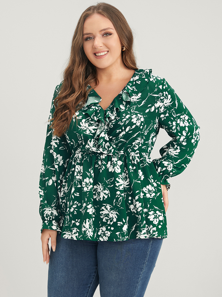 Plus Size Women Dailywear Floral Ruffles Lantern Sleeve Long Sleeve V-neck Casual Blouses BloomChic 