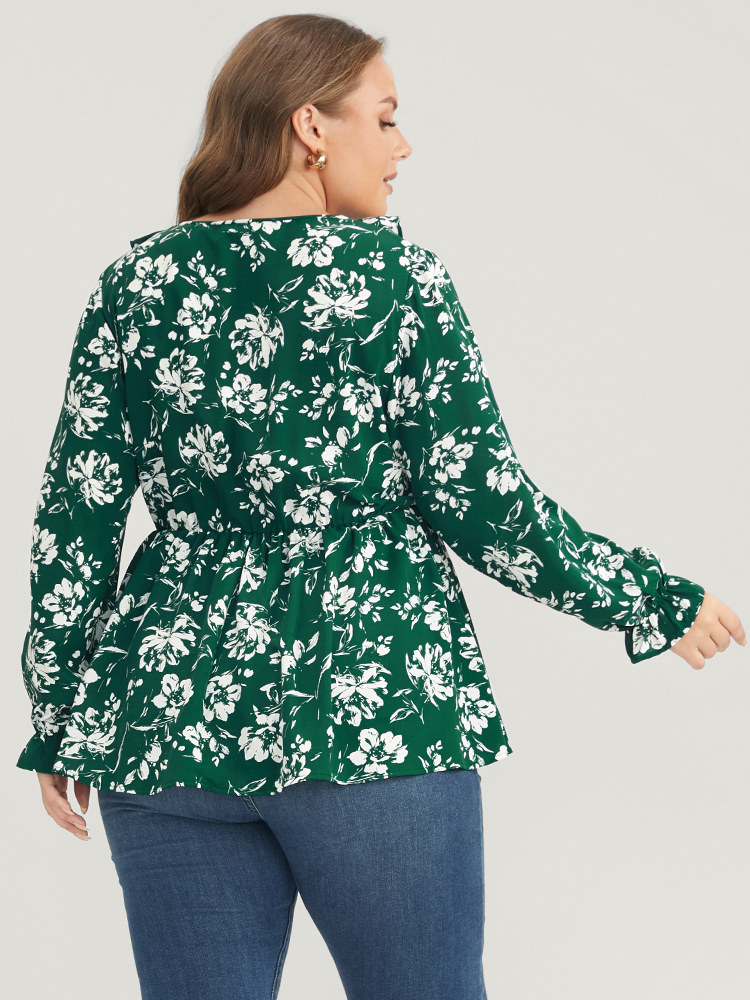 Plus Size Women Dailywear Floral Ruffles Lantern Sleeve Long Sleeve V-neck Casual Blouses BloomChic 