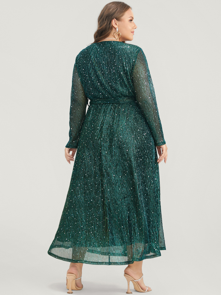 Plus Size Women Party Plain Belted Regular Sleeve Long Sleeve V-neck Pocket Belt Cocktail Dresses BloomChic 