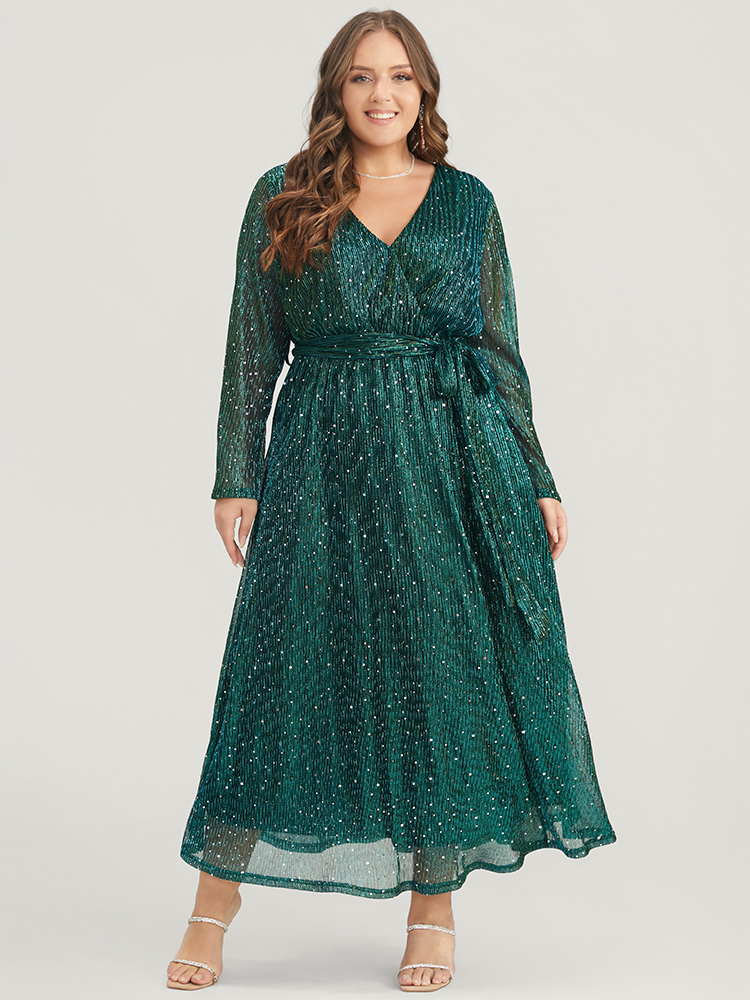 

Plus Size Solid Pocket Wrap Belted Sequin Mesh Maxi Dress DarkGreen Women Cocktail Belted V-neck Long Sleeve Curvy Long Dress BloomChic