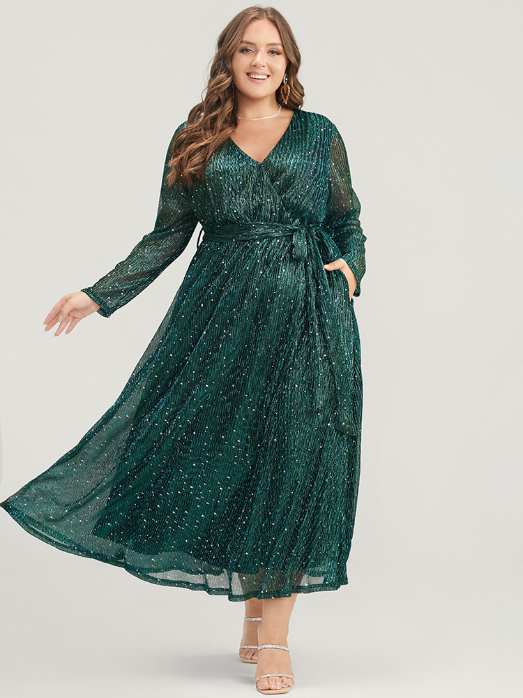 Plus Size Women Party Plain Belted Regular Sleeve Long Sleeve V-neck Pocket Belt Cocktail Dresses BloomChic 