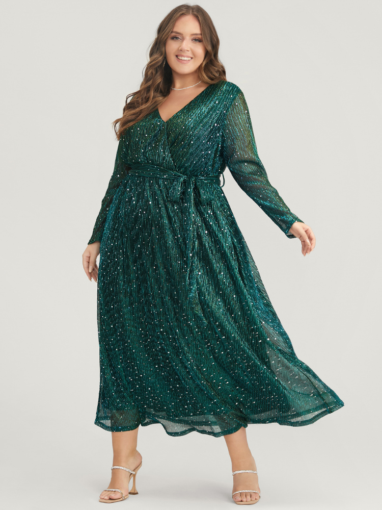 Plus Size Women Party Plain Belted Regular Sleeve Long Sleeve V-neck Pocket Belt Cocktail Dresses BloomChic 