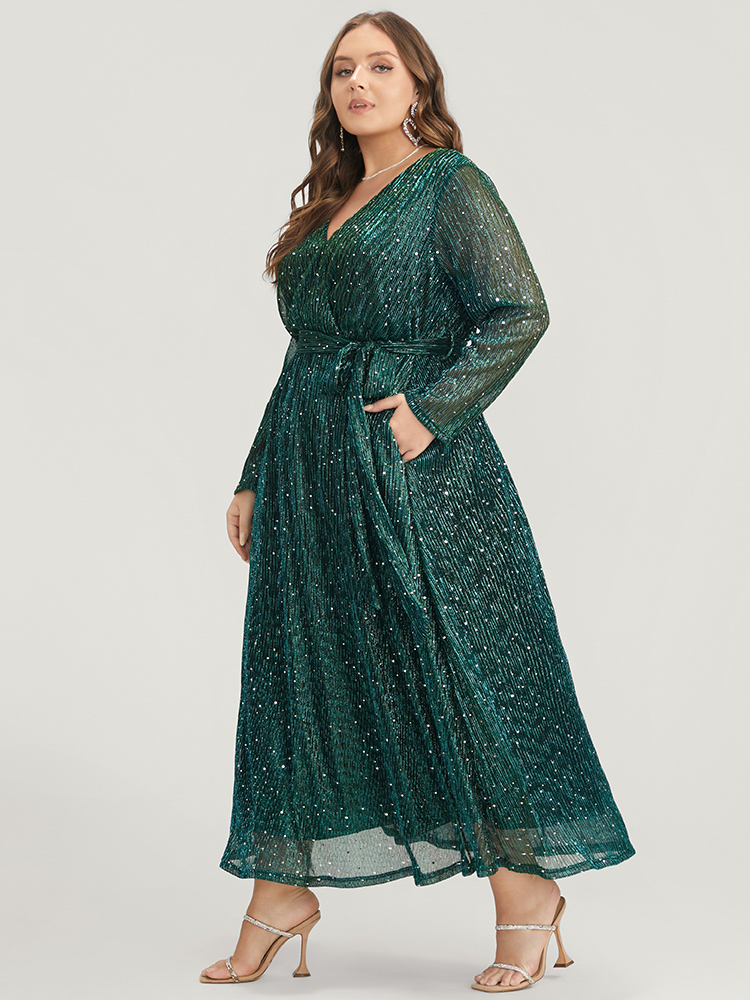 Plus Size Women Party Plain Belted Regular Sleeve Long Sleeve V-neck Pocket Belt Cocktail Dresses BloomChic 