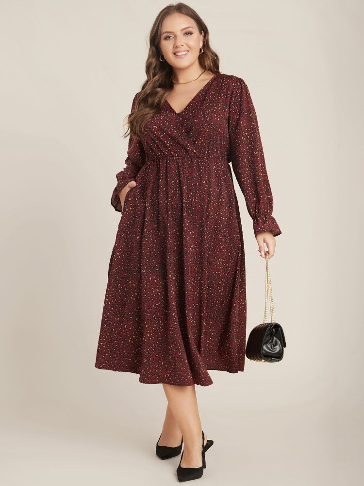 

Plus Size Leopard Lantern Sleeve Pocket Wrap Midi Dress Scarlet Women Office Elastic Waist V-neck Long Sleeve Curvy Midi Dress BloomChic