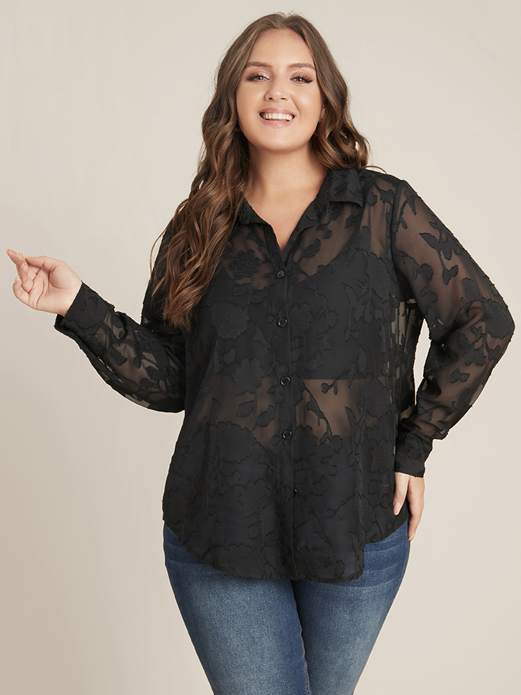 

Plus Size Black Floral Chiffon Mesh Button Up Blouse Women Glamour Long Sleeve Shirt collar Going out Blouses BloomChic