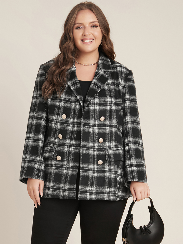 

Plus Size Plaid Flap Pocket Button Up Suit Collar Blazer Black Women Dailywear Plaid Button Sleeve Long Sleeve Suit Collar  Pocket Casual Blazers BloomChic