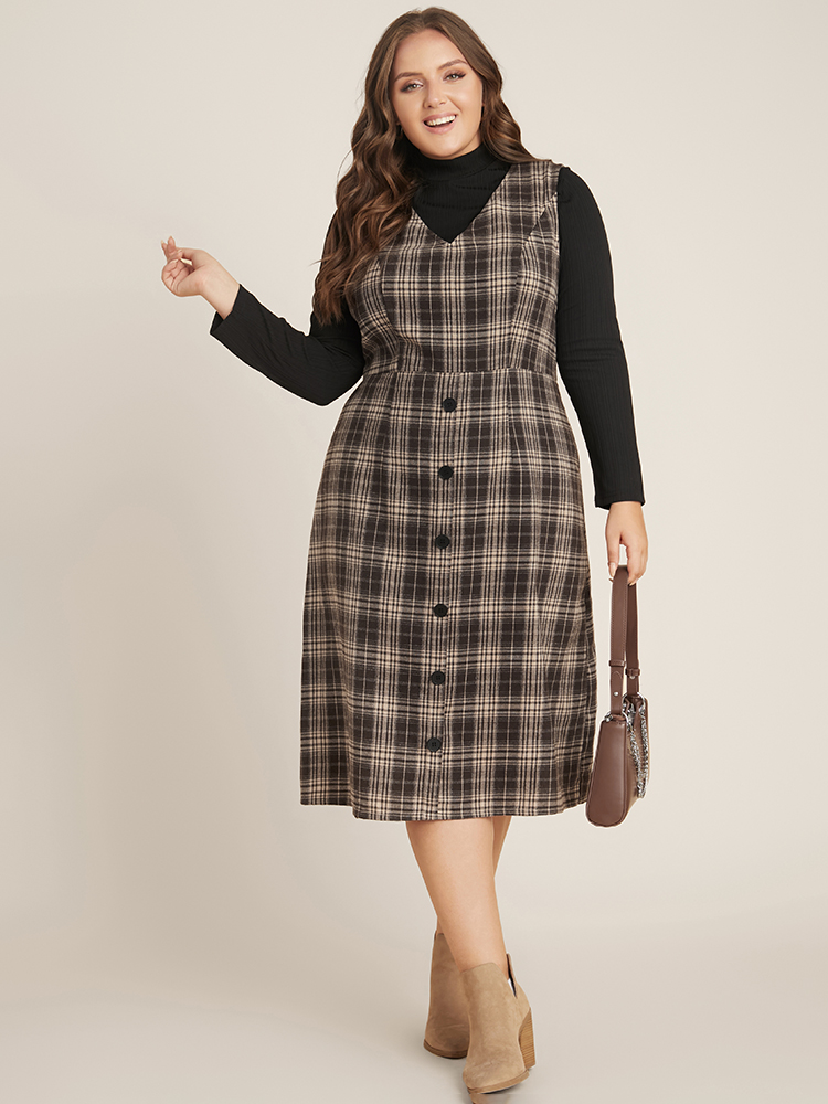 

Plus Size Plaid Sleeveless Button Detail Dress Without Sweater DarkBrown Women Office Button V-neck Sleeveless Curvy Midi Dress BloomChic