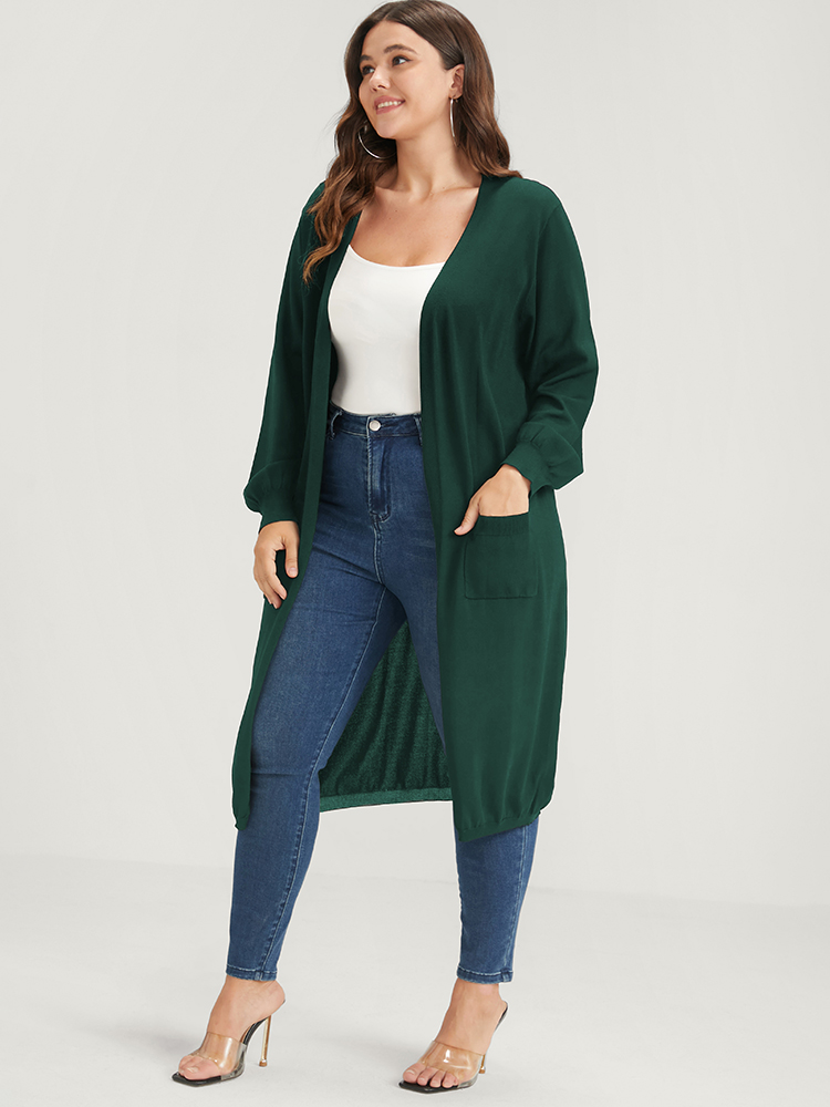 

Plus Size Plain Pocket Sexy Yarn Knit Open Front Long Cardigan DarkGreen Women Casual Loose Long Sleeve Everyday Cardigans BloomChic