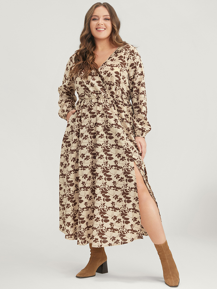 

Plus Size Plant Print Pocket Lantern Sleeve Split Midi Dress Tan Women Elegant Pocket V-neck Long Sleeve Curvy Midi Dress BloomChic