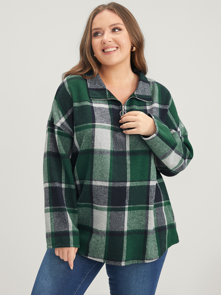 

Plus Size Plaid Drop Shoulder O Ring Zip Sweatshirt Women DarkGreen Casual Zipper Lapel Collar Dailywear Sweatshirts BloomChic