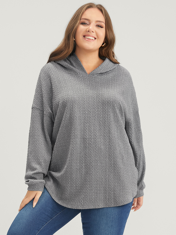 Plus Size Solid Drop Shoulder Textured Hooded Sweatshirt Women DarkGray Casual Plain Hooded Dailywear Sweatshirts BloomChic 14-16/1X 