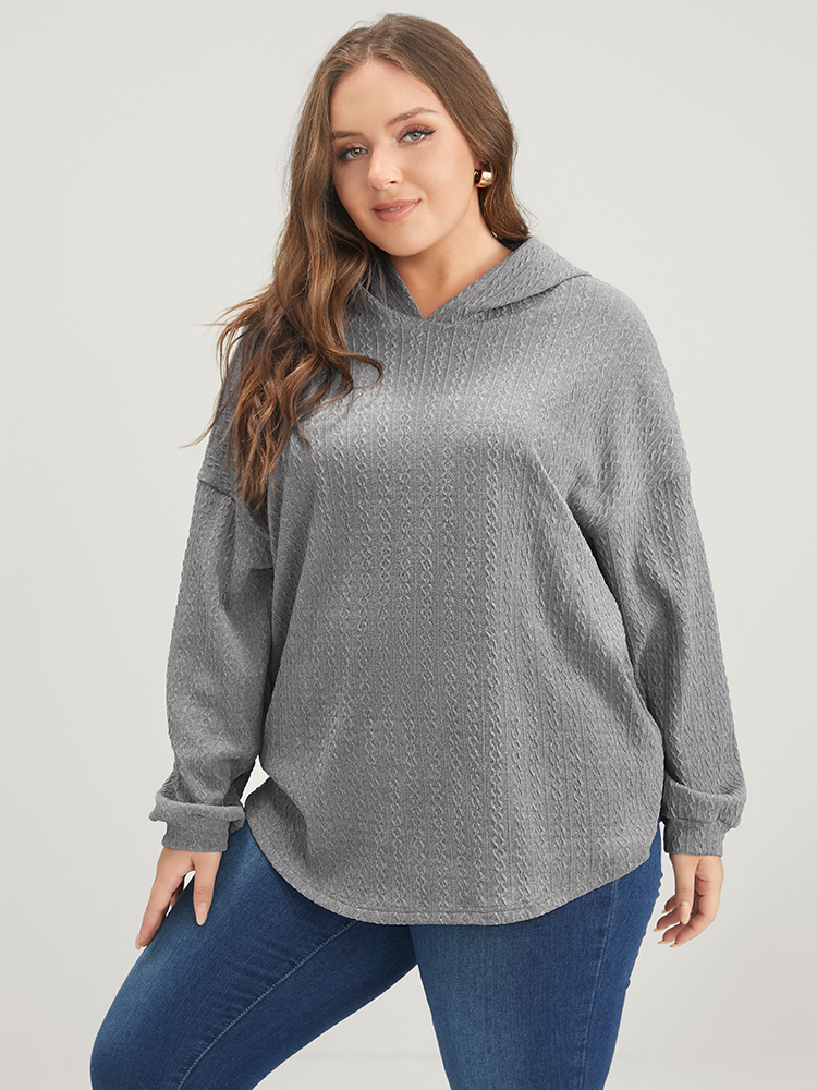 Plus Size Solid Drop Shoulder Textured Hooded Sweatshirt Women DarkGray Casual Plain Hooded Dailywear Sweatshirts BloomChic 14-16/1X 